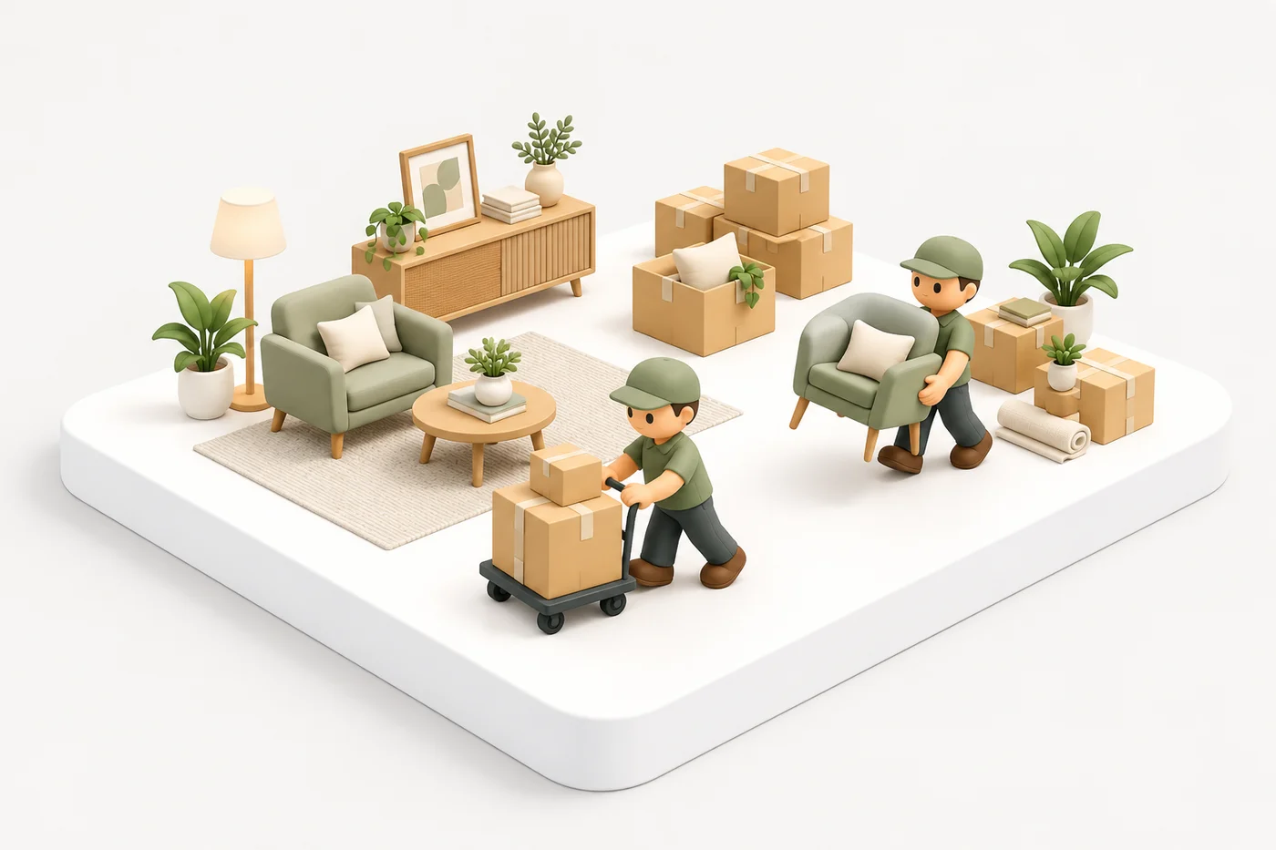 Miniature clay-style moving scene with sage furniture, boxes and toy movers.